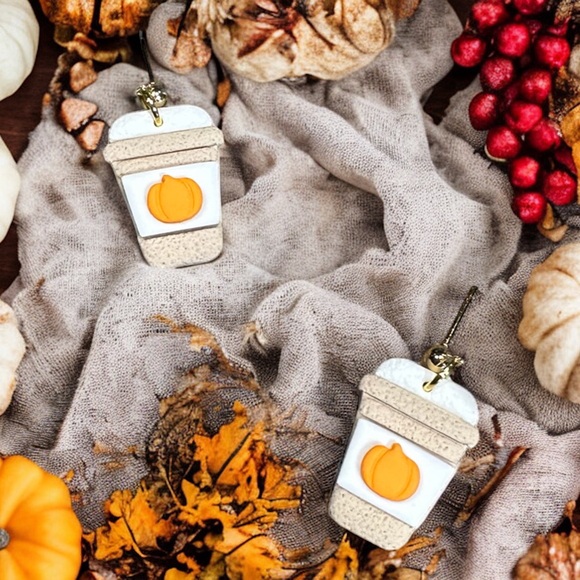 Pumpkin Coffee Cup Polymer Clay Dangle Earrings - Picture 2 of 5